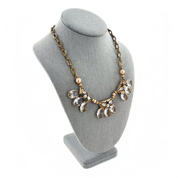 J Crew Clear Rhinestone Triad Statement Necklace Antique Brass - Picture 5 of 6